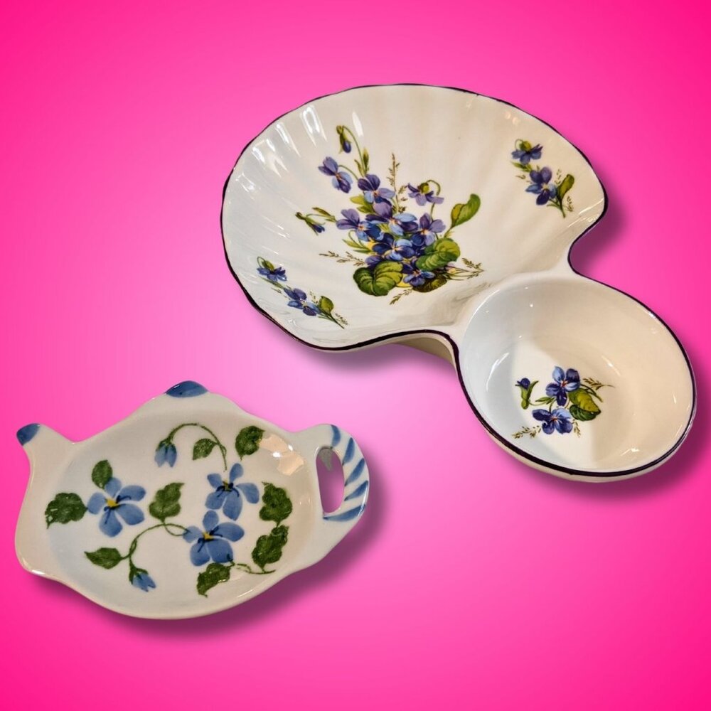 2 vintage porcelain dishes violet decor floral England tea bag snack chip & dip